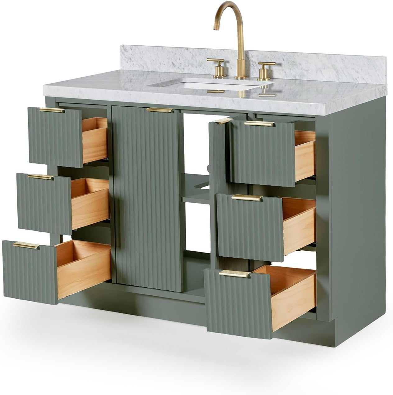 ARIEL Milan 48-inch Bathroom Vanity with Sink,Solid Wood, 1.5-inch Italian Carrara Marble Countertop, Single Rectangular Porcelain Sink, Soft Closing Doors, Dovetail Drawers, Vintage Green