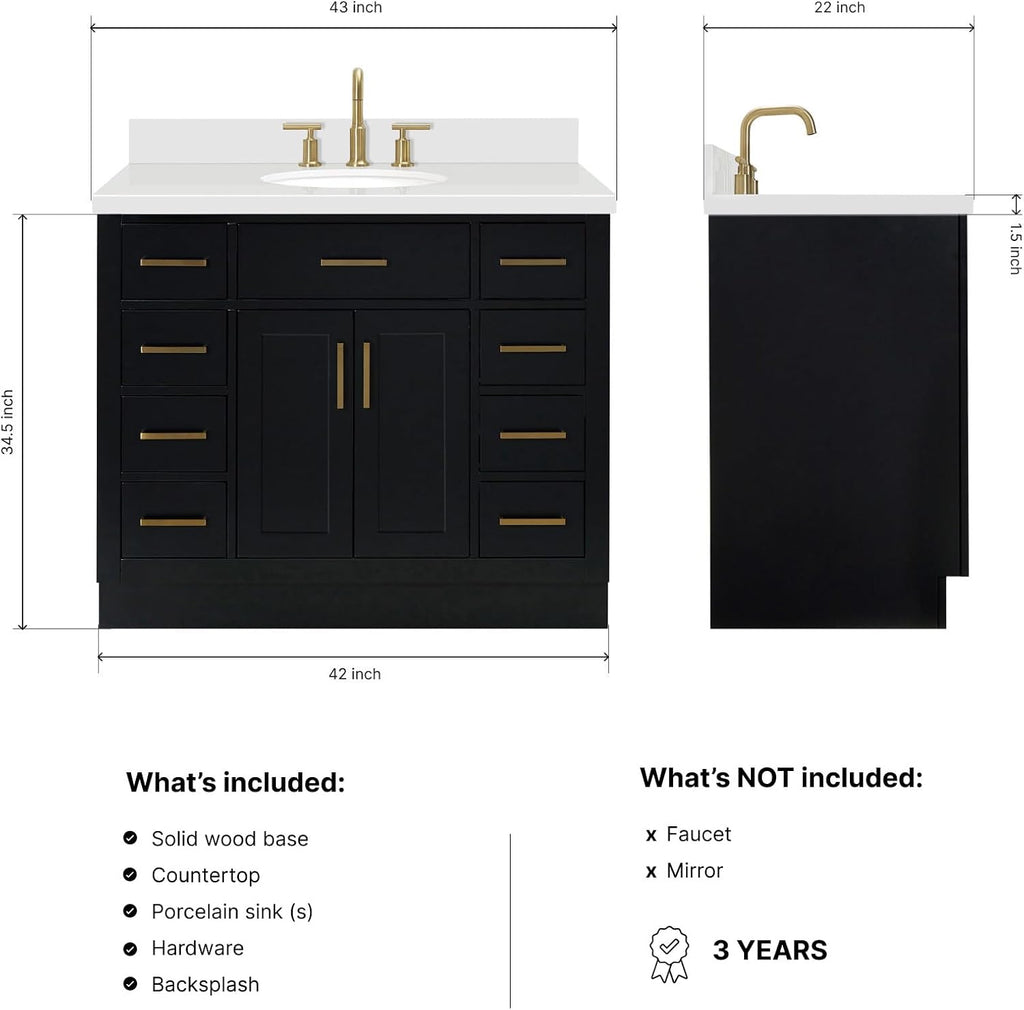 DKB Isabella 42-Inch Black Bathroom Vanity with Sink, White Quartz Countertop & 4' Backsplash, Oval Sink, Solid Wood Frame, Soft-Close Drawer, Premium Hardware