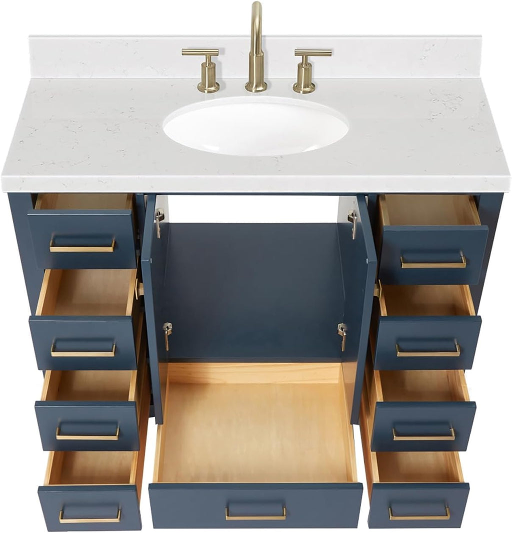 DKB Beckford 42-Inch Midnight Blue Single Bathroom Vanity with Sink, Solid Wood Cabinet, Carrara White Quartz Countertop, 1.5-Inch Edge, Oval Undermount Sink, 2 Soft Closing Doors, 9 Drawers