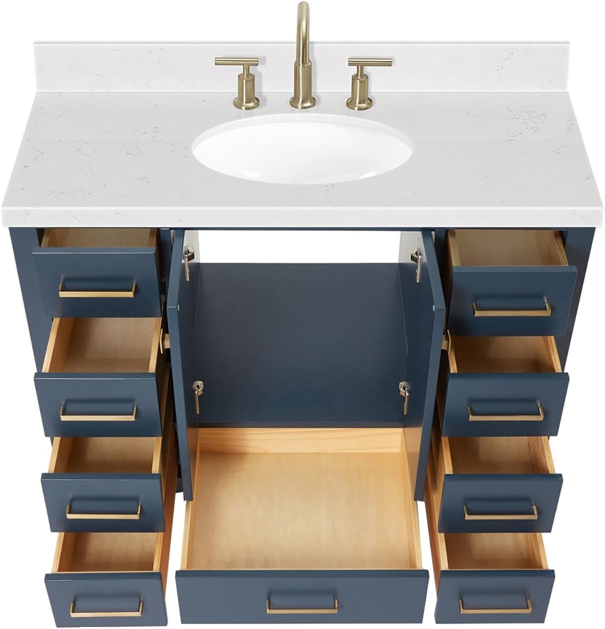 DKB Beckford 42-Inch Midnight Blue Single Bathroom Vanity with Sink, Solid Wood Cabinet, Carrara White Quartz Countertop, 1.5-Inch Edge, Oval Undermount Sink, 2 Soft Closing Doors, 9 Drawers