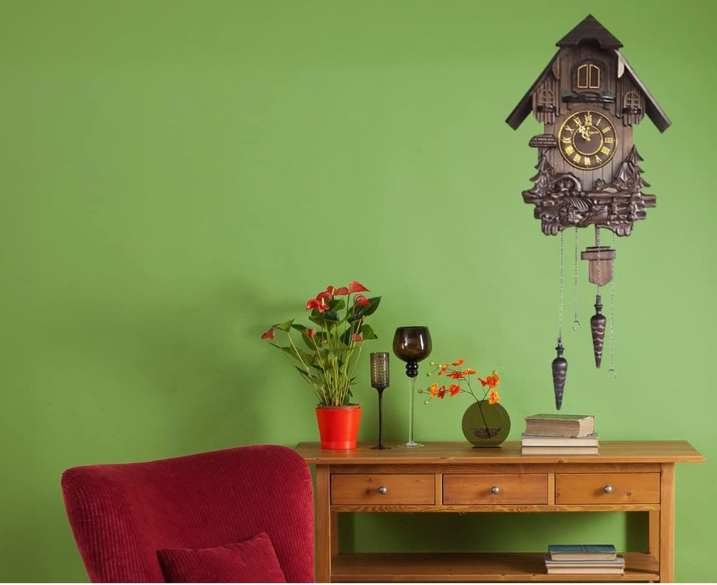 Wall Cuckoo Clocks Black Forest Wooden Cuckoo Clock. Black Forest Hand-Carved Cuckoo Clock. Bright Cuckoo Bird Sounds On The Hour and Chime Has Automatic Shut-Off. Excellent Gift.