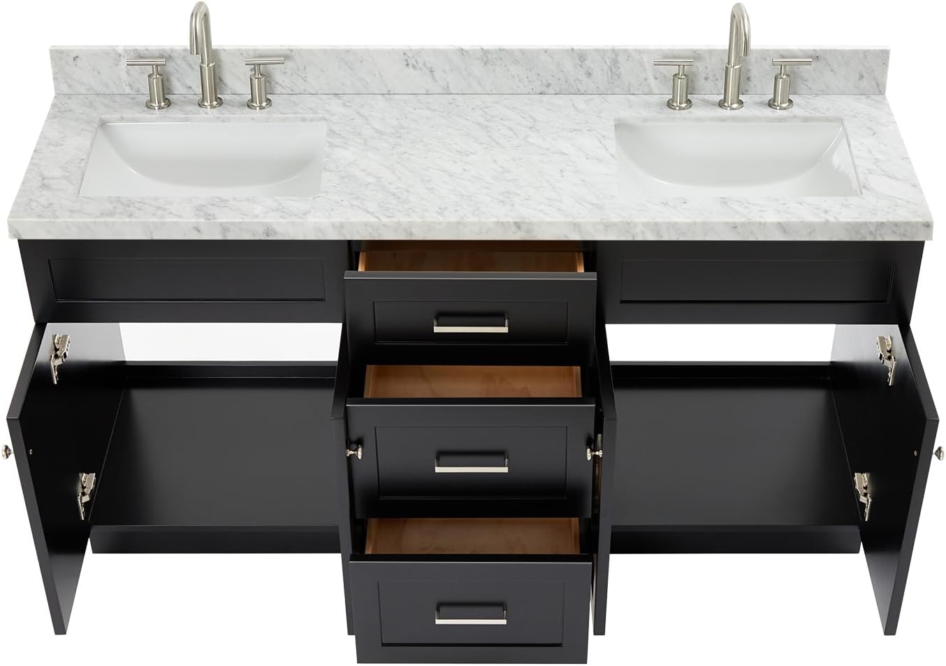 ARIEL Hamlet 66-inch Bathroom Vanity with Sink,Solid Wood, 1.5-inch Italian Carrara Marble Countertop, Double Rectangular Porcelain Sink, 4 Soft Closing Doors, 3 Dovetail Drawers, Black