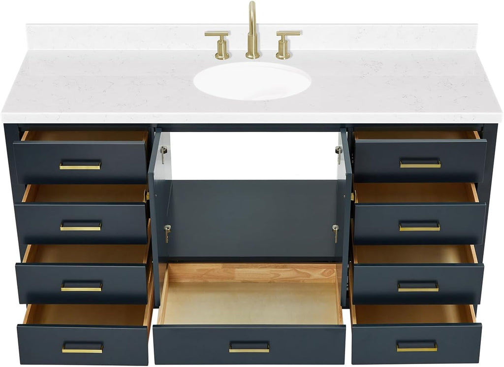 ARIEL Cambridge 66-inch Bathroom Vanity with Sink,Solid Wood, 1.5-inch Carrara White Quartz Countertop, Single Oval Porcelain Sink, 2 Soft Closing Doors, 9 Dovetail Drawers, Midnight Blue
