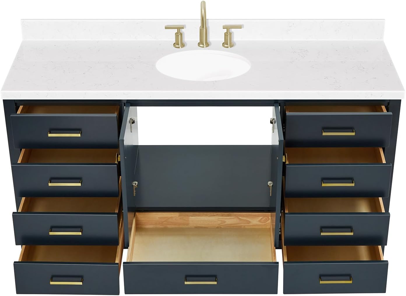 ARIEL Cambridge 66-inch Bathroom Vanity with Sink,Solid Wood, 1.5-inch Carrara White Quartz Countertop, Single Oval Porcelain Sink, 2 Soft Closing Doors, 9 Dovetail Drawers, Midnight Blue