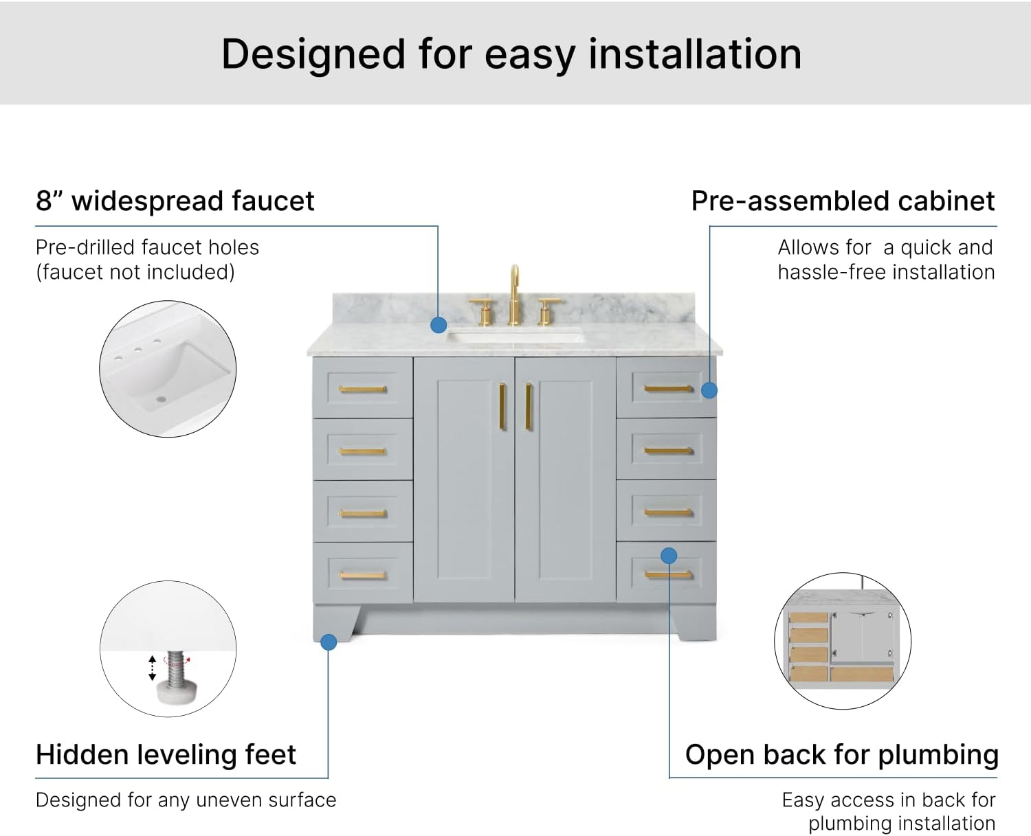 ARIEL Taylor 48-inch Bathroom Vanity with Sink,Solid Wood, 0.75-inch Italian Carrara Marble Countertop, Single Rectangular Porcelain Sink, Soft Closing Doors, Dovetail Drawers, Grey