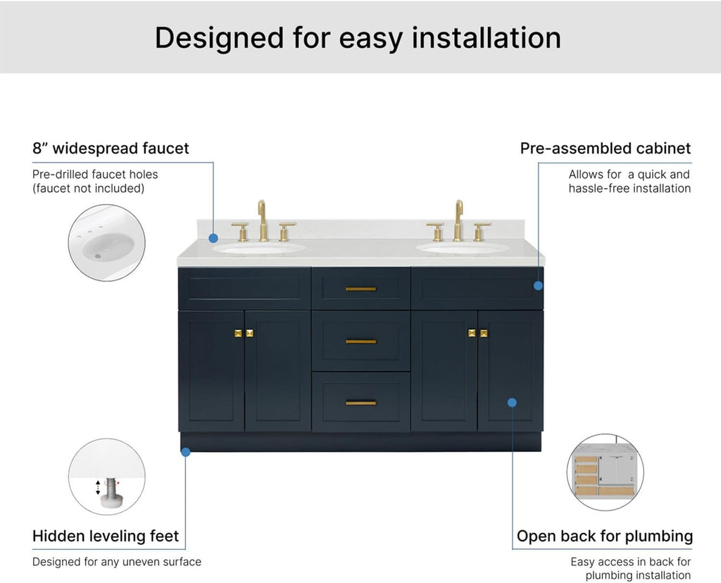 ARIEL Hamlet 66-inch Bathroom Vanity with Sink,Solid Wood, 1.5-inch Carrara White Quartz Countertop & Backsplash, Double Oval Porcelain Sink, 4 Soft Closing Doors, 3 Dovetail Drawers, Midnight Blue