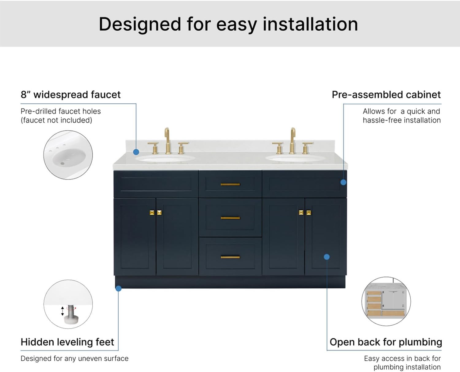 ARIEL Hamlet 66-inch Bathroom Vanity with Sink,Solid Wood, 1.5-inch Carrara White Quartz Countertop & Backsplash, Double Oval Porcelain Sink, 4 Soft Closing Doors, 3 Dovetail Drawers, Midnight Blue
