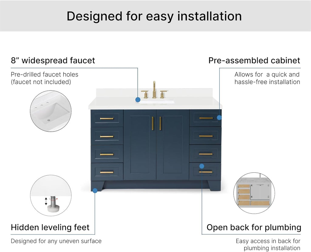 ARIEL Taylor 54-inch Bathroom Vanity with Sink,Solid Wood, 1.5-inch Pure White Quartz Countertop, Single Rectangular Porcelain Sink, 2 Soft Closing Doors, 9 Dovetail Drawers, Midnight Blue