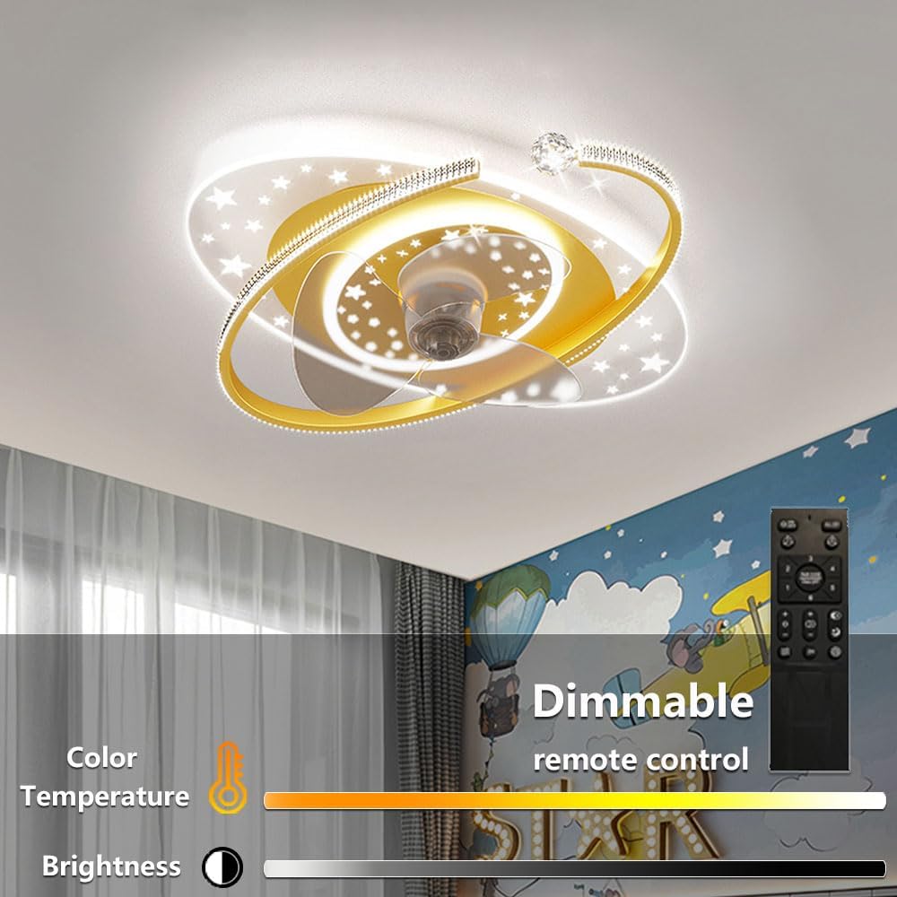 Indoor Kids Ceiling Fan with Lights Remote Dimmable 48W LED Ceiling Lights Fan Lighting Yellow Mute Ceiling Fans Indoor 6 Speeds Fan Ceiling with Light for Study Room Children's Bedroom