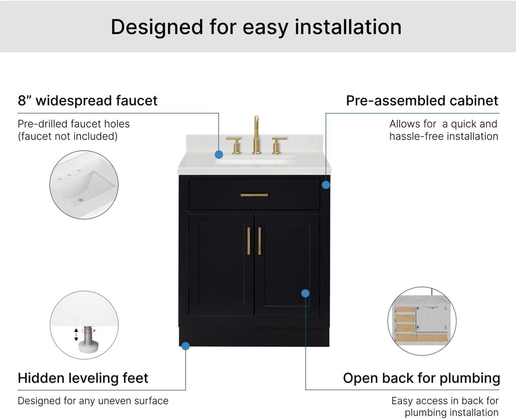 ARIEL Hepburn 30-inch Bathroom Vanity with Sink,Solid Wood, 1.5-inch Carrara White Quartz Countertop & Backsplash, Single Rectangular Porcelain Sink, 2 Soft Closing Doors, 1 Dovetail Drawers, Black