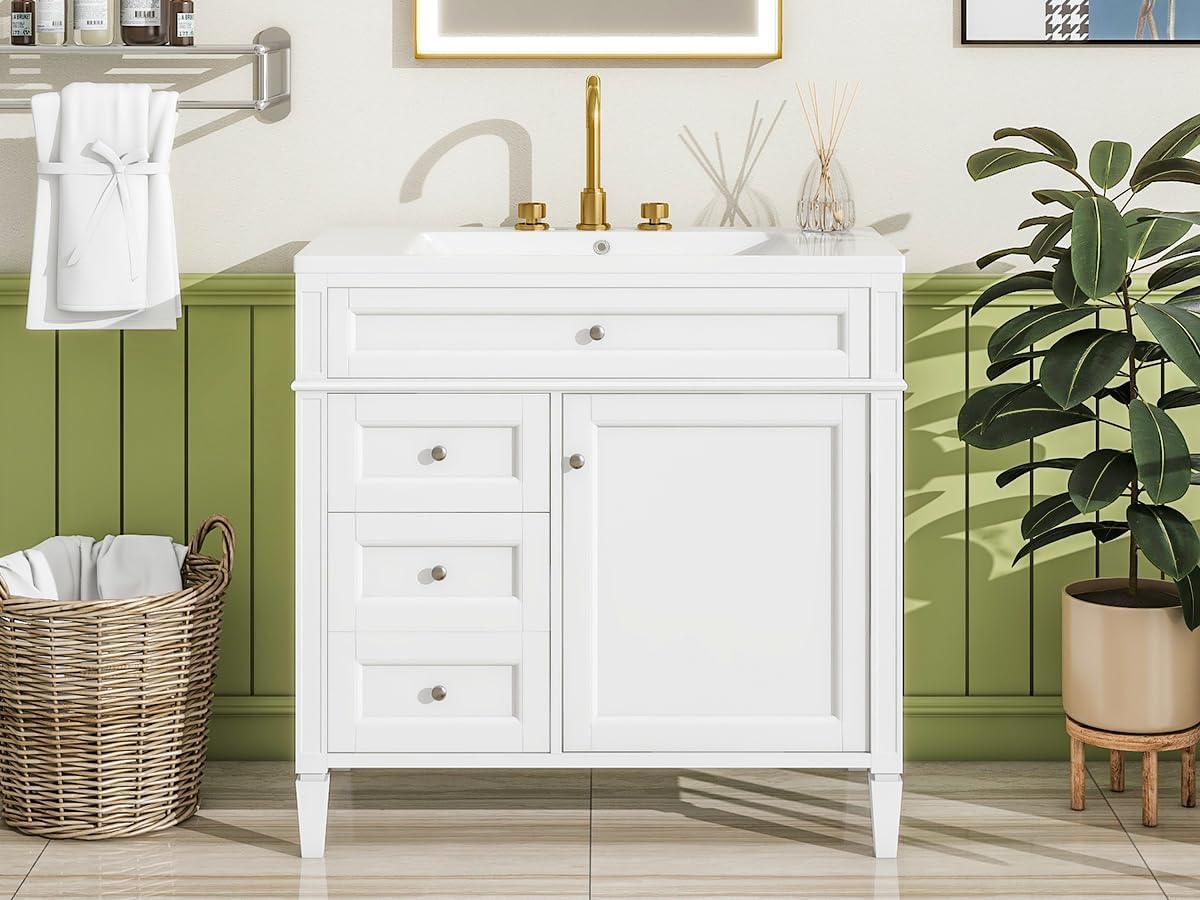 Merax 36 Inch Bathroom Vanity with Top Sink, Modern Bathroom Storage Cabinet with 2 Drawers and a Tip-Out Drawer, Solid Wood Frame Single Sink Bath Vanities, White