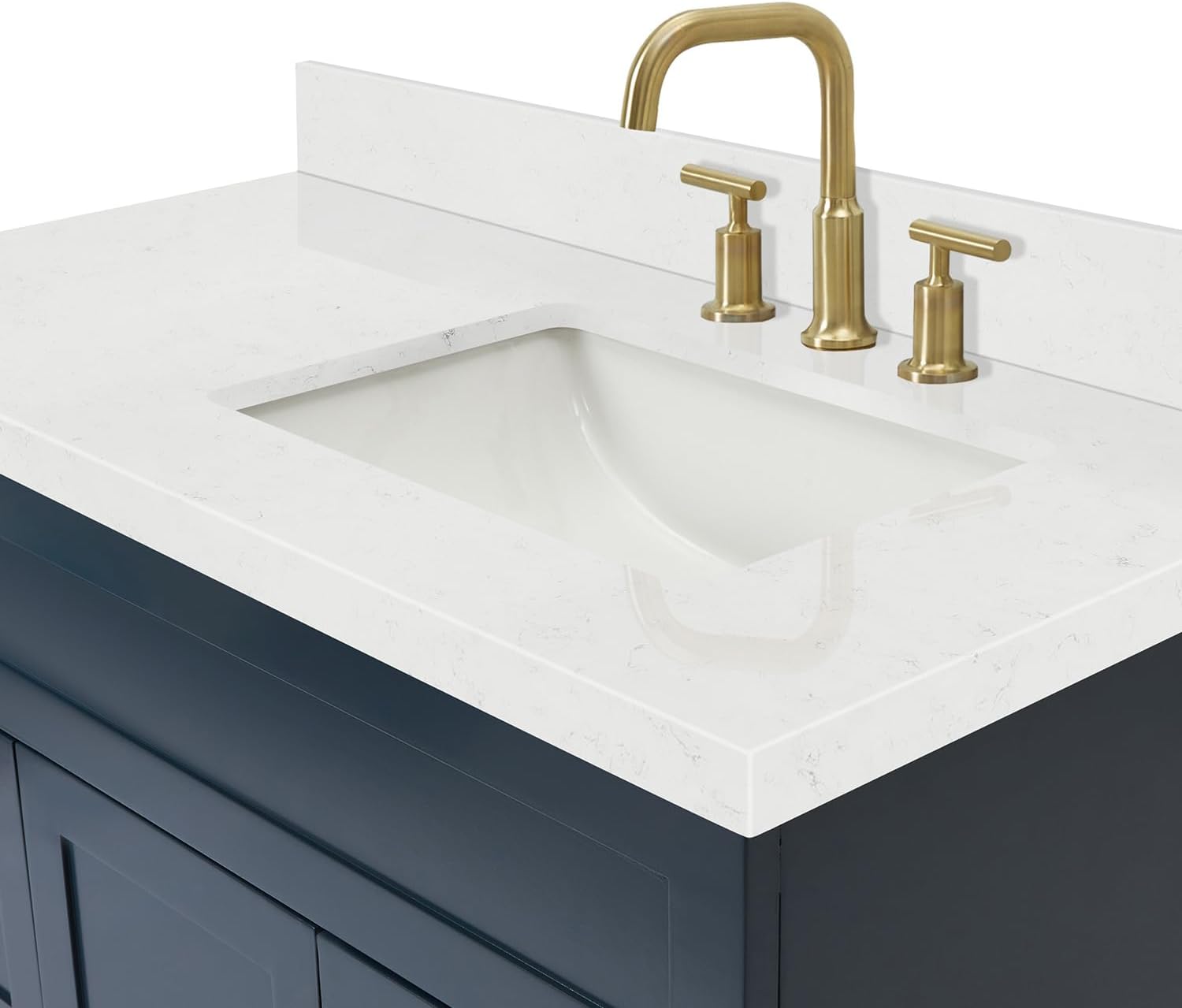 DKB Bradford 42-Inch Midnight Blue Single Bathroom Vanity with Right Rectangular Sink, 1.5' Carrara Quartz Countertop, Solid Wood Frame, Soft Closing Doors & Drawers, Toe Kick, Brushed Nickel
