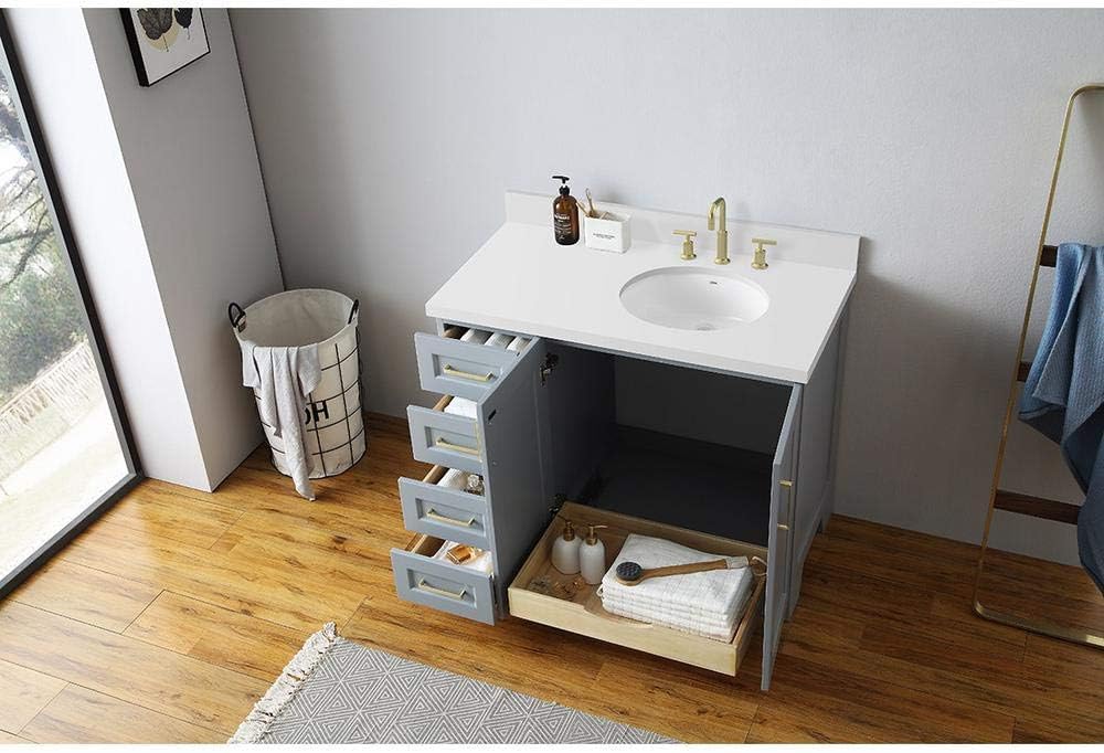 ARIEL Taylor 42-inch Bathroom Vanity with Sink,Solid Wood, 1.5-inch Pure White Quartz Countertop & Backsplash, Single Rectangular Sink, 2 Soft Closing Doors, 5 Dovetail Drawers, Grey