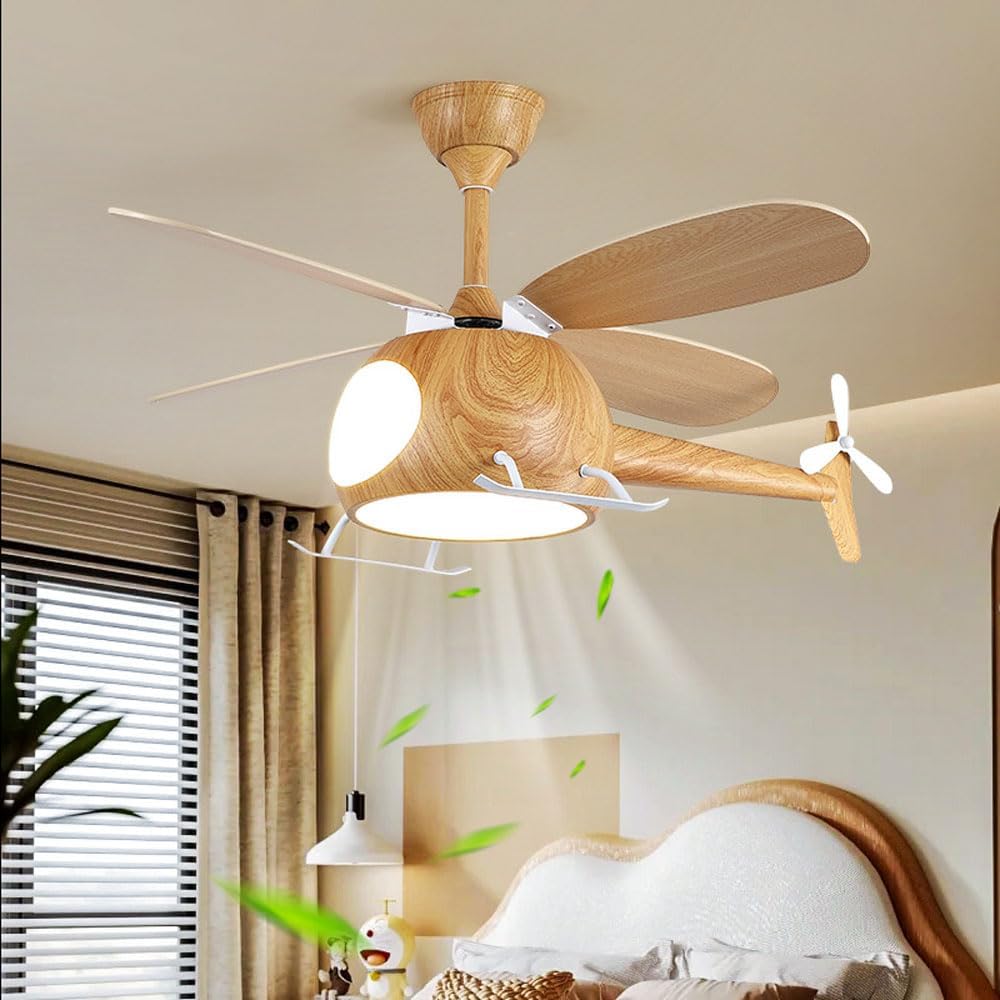 Children's Bedroom Ceiling Fan With Lights,Dimmable Kids Room Cartoon Ceiling Fan Lamp,Helicopter Model Wood Grain Airplane Pendant Light Decoration Fixtures,Remote Control Speed,Hydrographic Printing