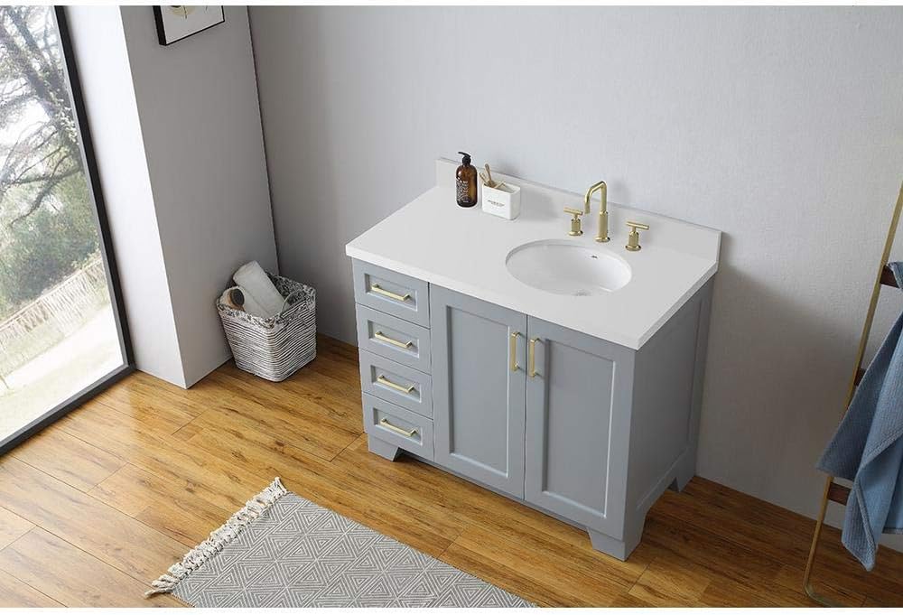 ARIEL Taylor 42-inch Bathroom Vanity with Sink,Solid Wood, 1.5-inch Pure White Quartz Countertop & Backsplash, Single Rectangular Sink, 2 Soft Closing Doors, 5 Dovetail Drawers, Grey