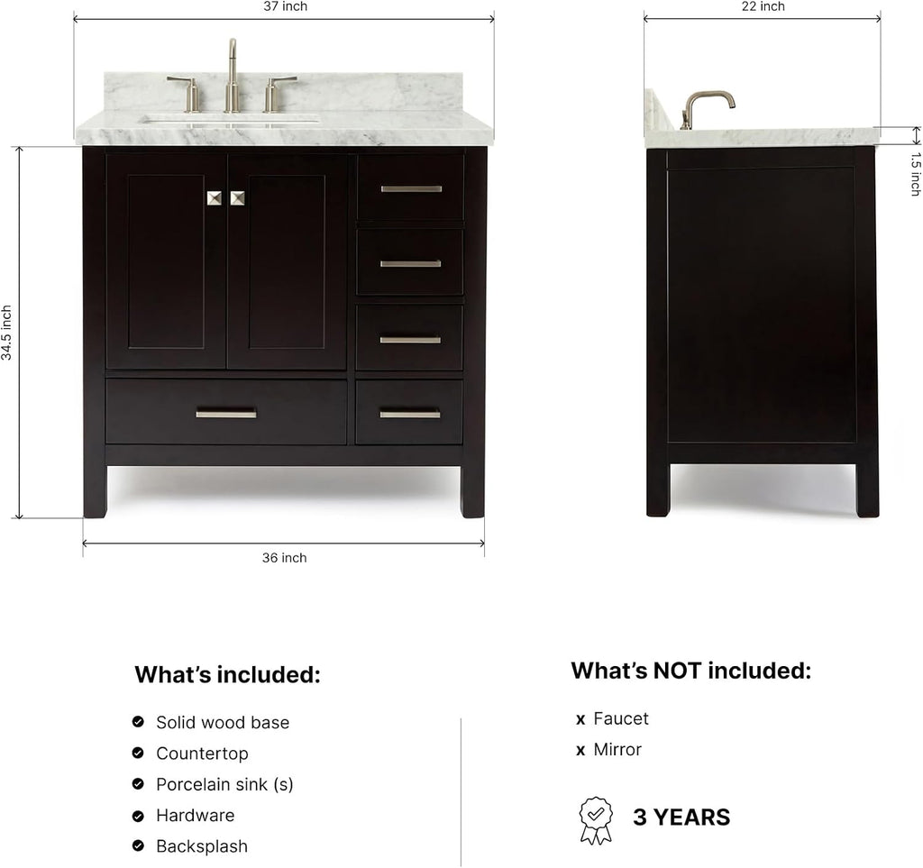 ARIEL Cambridge 36-inch Bathroom Vanity with Sink,Solid Wood, 1.5-inch Italian Carrara Marble Countertop, Single Rectangular Porcelain Sink, 2 Soft Closing Doors, 5 Dovetail Drawers, Espresso