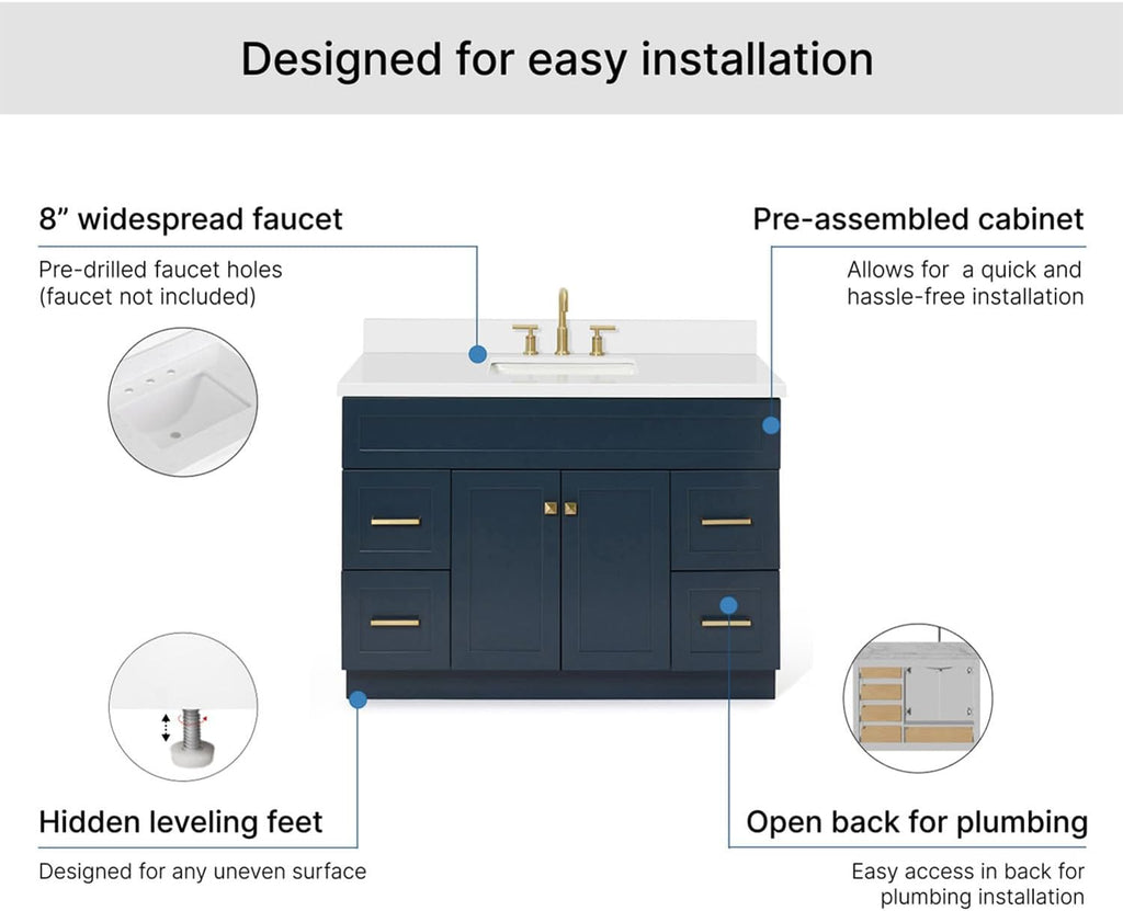 ARIEL Hamlet 48-inch Bathroom Vanity with Sink,Solid Wood, 1.5-inch Pure White Quartz Countertop, Single Rectangular Porcelain Sink, Soft Closing Doors, Dovetail Drawers, Midnight Blue