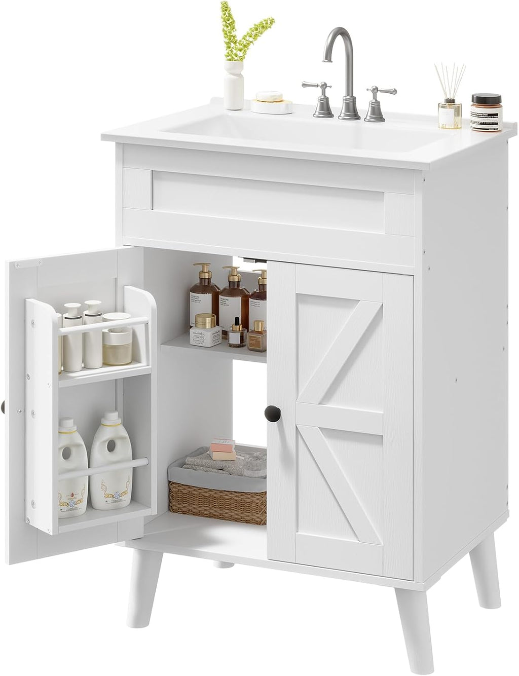 HOOBRO 24.2' Modern Bathroom Vanity with Sink, Farmhouse Bathroom Sink Cabinet with Ceramic Basin, Door Storage, 2 Doors & High-Leg Design, Easy Assembly, Drain Kit Not Included, White