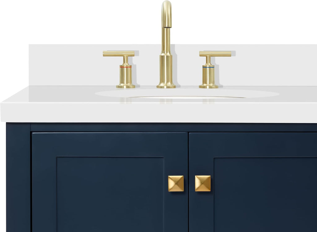 ARIEL Cambridge 42-inch Bathroom Vanity with Sink,Solid Wood, 1.5-inch Pure White Quartz Countertop & Backsplash, Single Oval Porcelain Sink, 2 Soft Closing Doors, 5 Dovetail Drawers, Midnight Blue