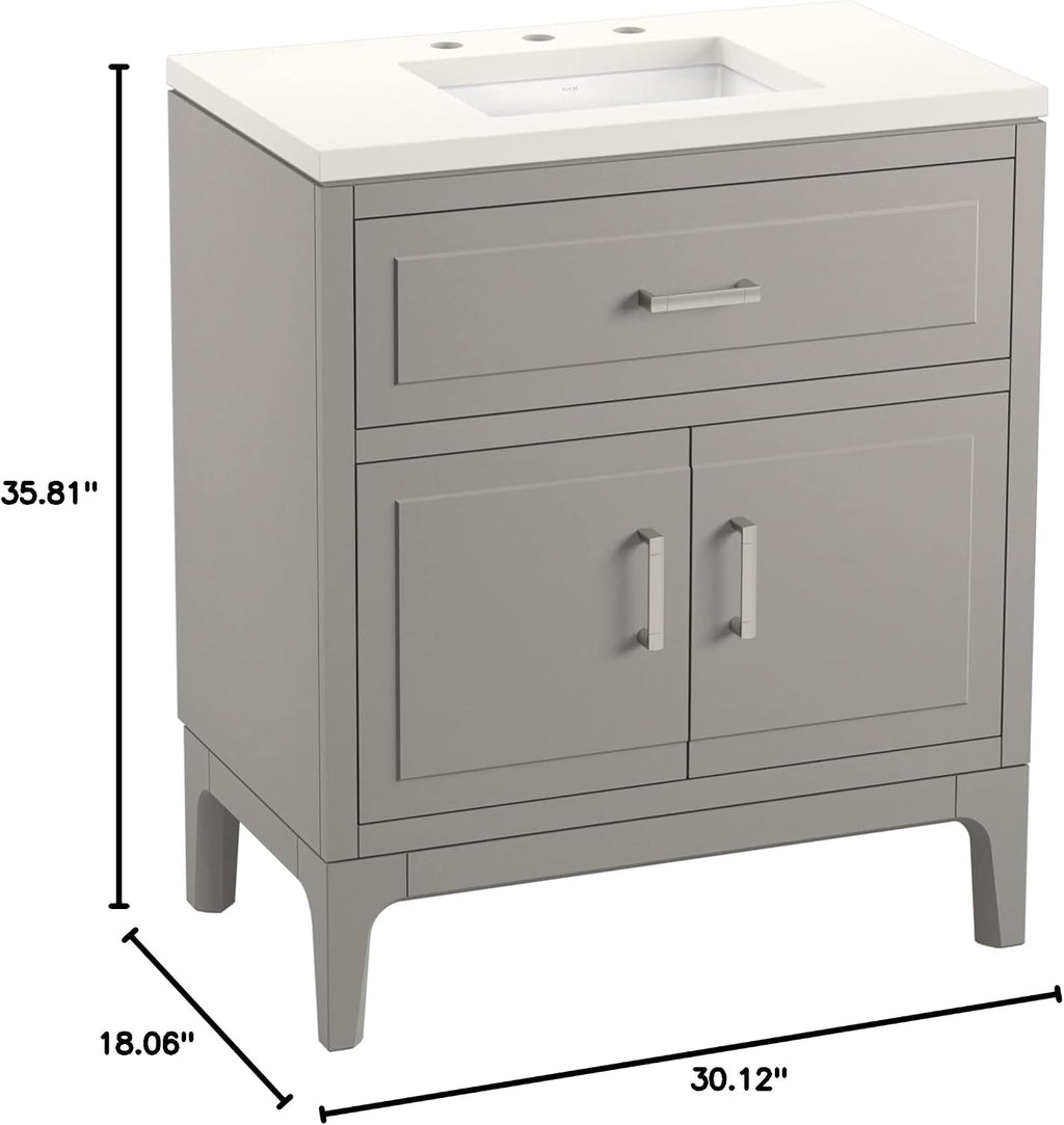 Kohler Seer 30 Inch Bathroom Vanity Cabinet with White Single Sink and Quartz Top, Modern Bathroom Vanity, Mohair Gray, K-33552-ASB-1WT
