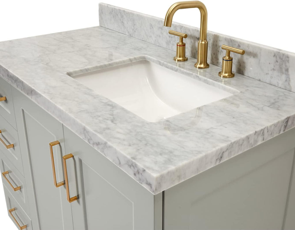 ARIEL Taylor 42-inch Bathroom Vanity with Sink,Solid Wood, 1.5-inch Italian Carrara Marble Countertop & Backsplash, Single Rectangular Porcelain Sink, 2 Soft Closing Doors, 5 Dovetail Drawers, Grey