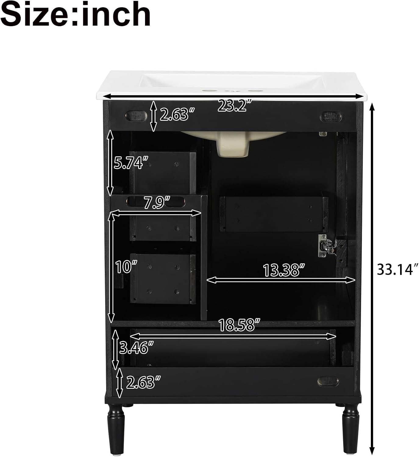 Harper & Bright Designs 24' Bathroom Vanity with Sink, Free-Standing Vanity Set with 3 Drawers in Different Sizes, Door-Mounted Rack, Wood Bathroom Cabinet with Ceramic Basin for Bathroom, Black