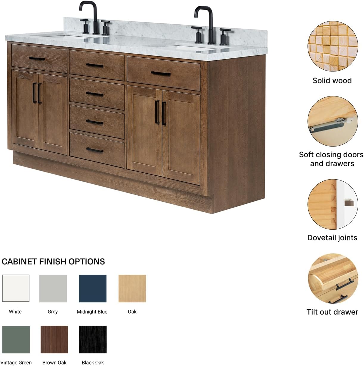 DKB Isabella 72-Inch Brown Oak Double Bathroom Vanity with Sink, 1.5-Inch Edge Italian Carrara Marble Countertop & 4' Backsplash, Soft-Closing Doors & Drawers, Solid Oak Wood Construction