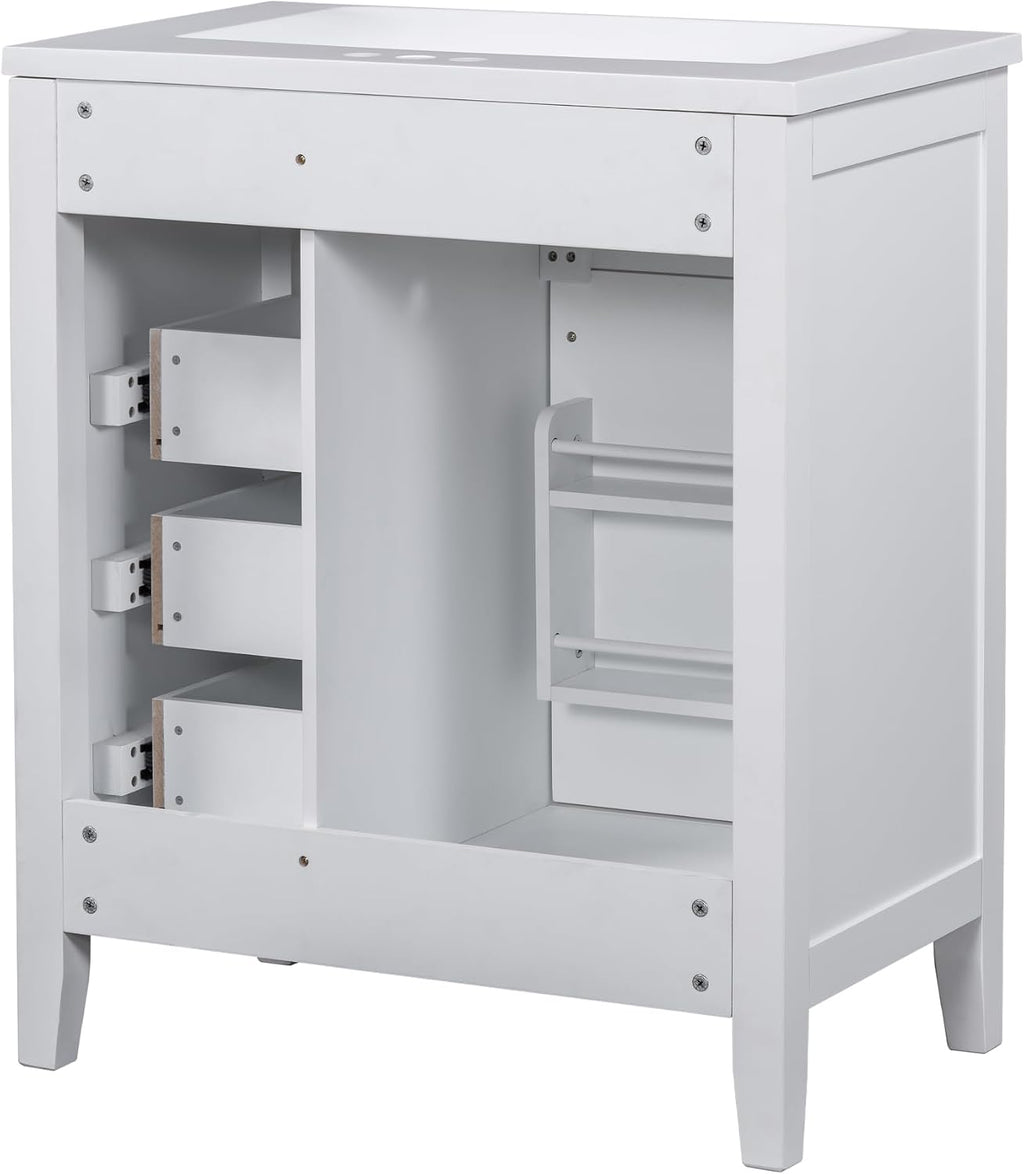 LUMISOL 30' Bathroom Vanity with Ceramic Sink, Modern Freestanding Bathroom Vanity with 3 Drawers & Door with Racks, Solid Wood Bathroom Storage Cabinet with Single Sink, White