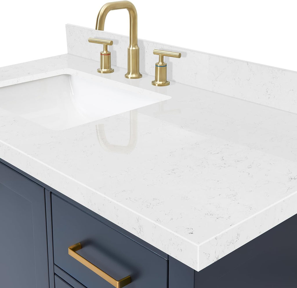 ARIEL Cambridge 42 Inch Single Left Offset Rectangle Sink Bathroom Vanity with Carrara White Quartz Countertop 1.5 Edge in Midnight Blue