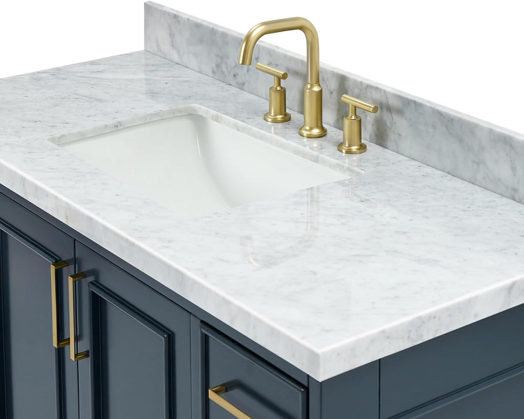 ARIEL Stafford 48-inch Bathroom Vanity with Sink,Solid Wood, 1.5-inch Italian Carrara Marble Countertop, Single Rectangular Porcelain Sink, 2 Soft Closing Doors, 9 Dovetail Drawers, Midnight Blue