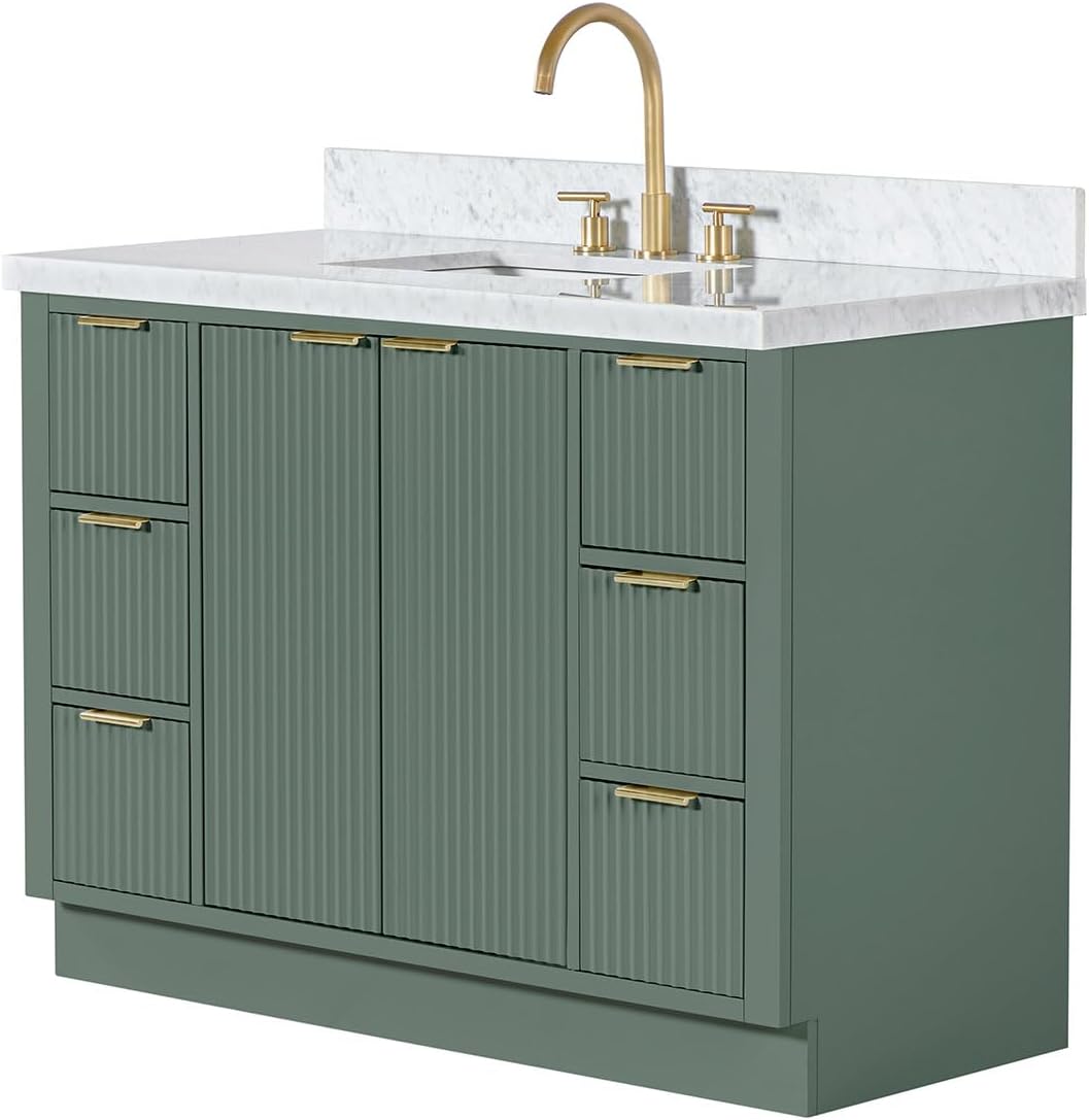 ARIEL Milan 48-inch Bathroom Vanity with Sink,Solid Wood, 1.5-inch Italian Carrara Marble Countertop, Single Rectangular Porcelain Sink, Soft Closing Doors, Dovetail Drawers, Vintage Green