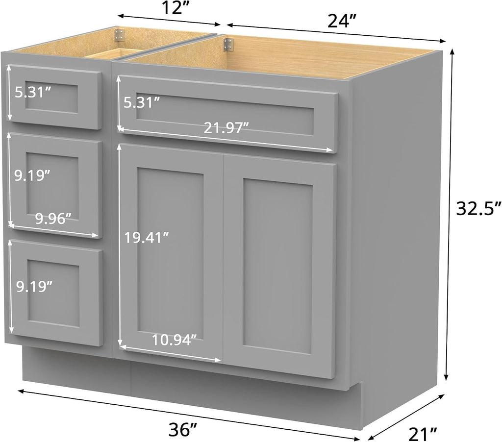 Vanity Art 36' Unassembled Bathroom Vanity with 2-Door 3-Drawer, Wood Bathroom Vanity Cabinet with Soft Closing Shaker Drawer, Sturdy Floor Mounted Cabinet Without Top VA4036-3S-G