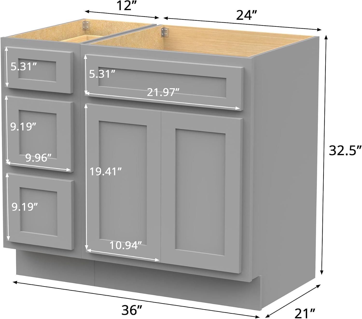 Vanity Art 36' Unassembled Bathroom Vanity with 2-Door 3-Drawer, Wood Bathroom Vanity Cabinet with Soft Closing Shaker Drawer, Sturdy Floor Mounted Cabinet Without Top VA4036-3S-G