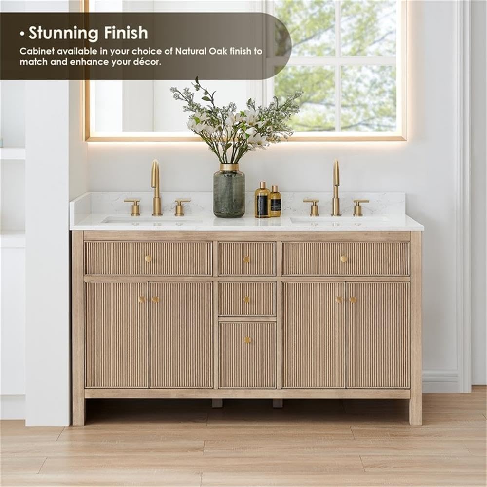 Pemberly Row 60' Wood Bathroom Vanity, Natural Oak Finish, Grain White Engineered Stone Top, No Mirror, 4 Fluted Doors, 5 Drawers, Contemporary Style, Undermount Sink, Ideal for Bathroom Storage