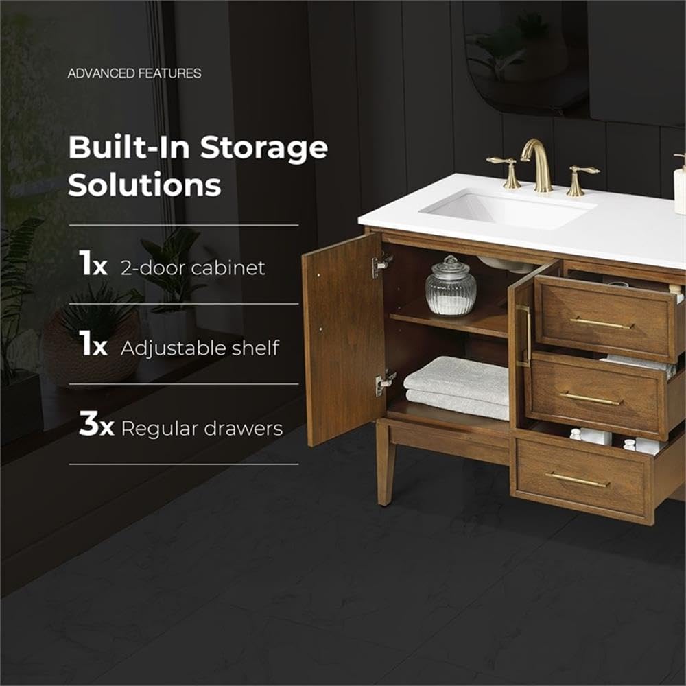Pemberly Row 42' Bathroom Vanity, Warm Walnut Finish, Solid Wood Frame, White Engineered Stone Countertop, Offset Sink with Storage, Modern Style for Small Bathroom or Powder Room