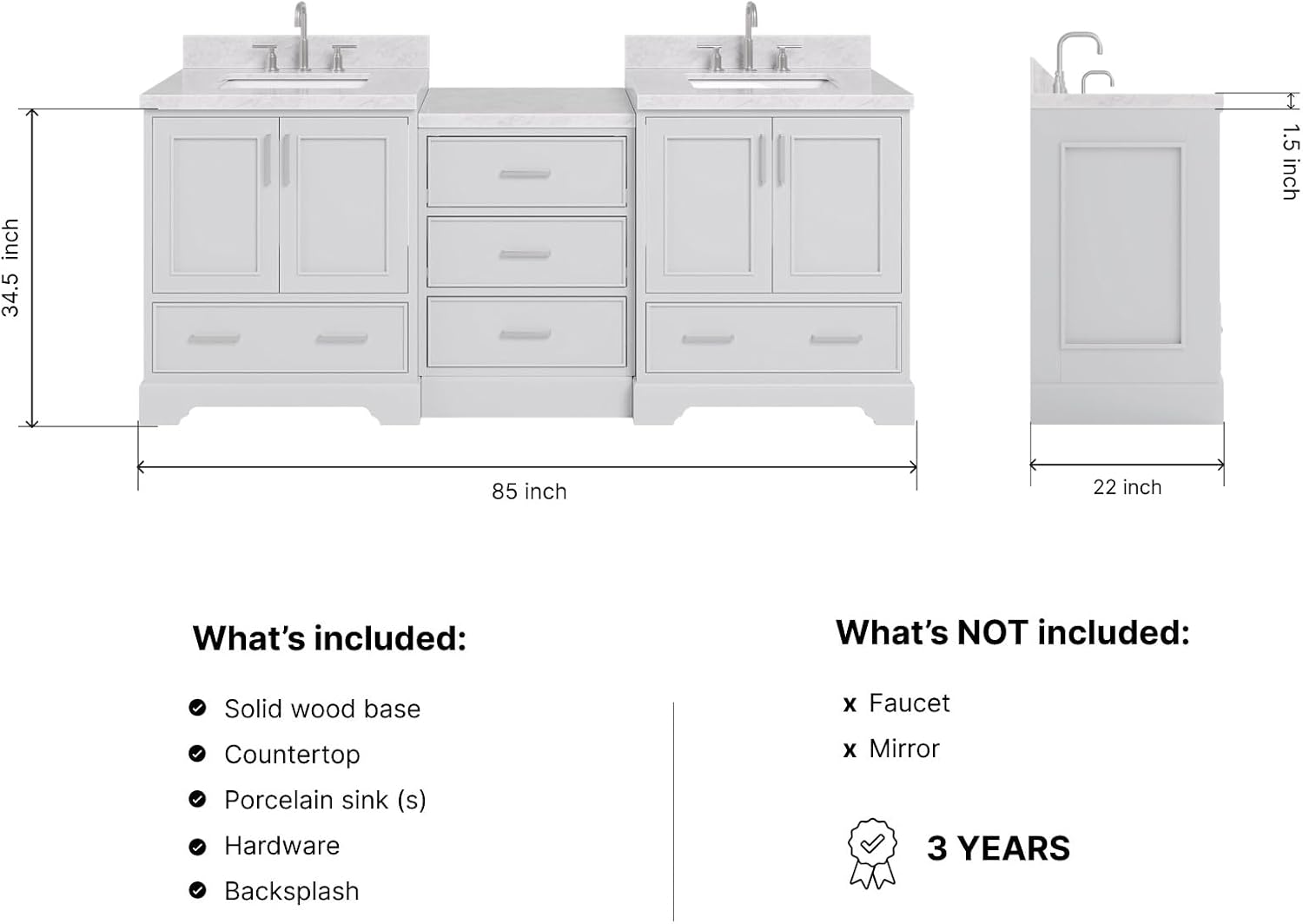 ARIEL Stafford 84-inch Bathroom Vanity with Sink,Solid Wood, 1.5in Italian Carrara Marble Countertop & Backsplash, Double Rectangular Porcelain Sink, 4 Soft Closing Doors, 5 Dovetail Drawers, Grey