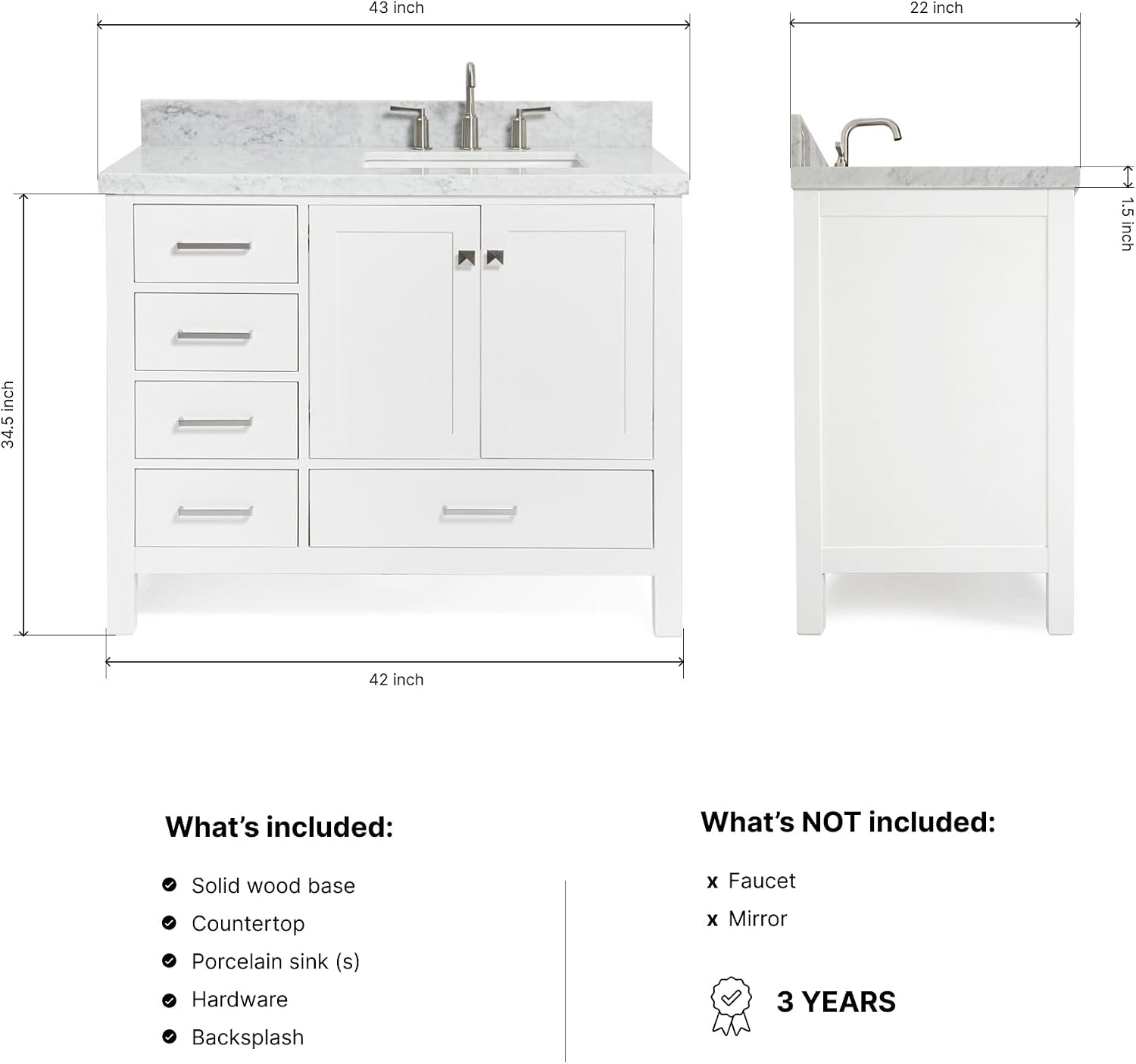 ARIEL Cambridge 42-inch Bathroom Vanity with Sink,Solid Wood, 1.5-inch Italian Carrara Marble Countertop, Single Rectangular Porcelain Sink, 2 Soft Closing Doors, 5 Dovetail Drawers, White