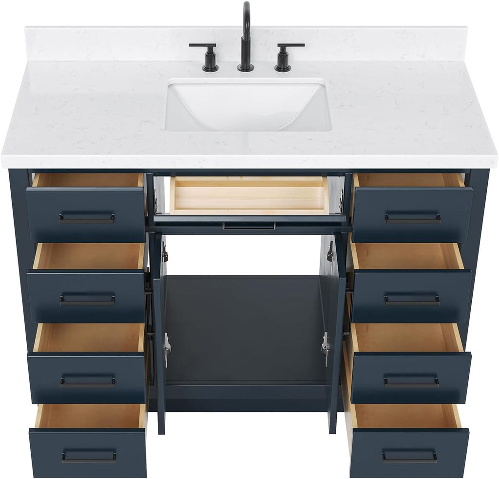 ARIEL Hepburn 48-inch Bathroom Vanity with Sink,Solid Wood, 1.5-inch Carrara White Quartz Countertop, Single Rectangular Porcelain Sink, 2 Soft Closing Doors, 9 Dovetail Drawers, Midnight Blue