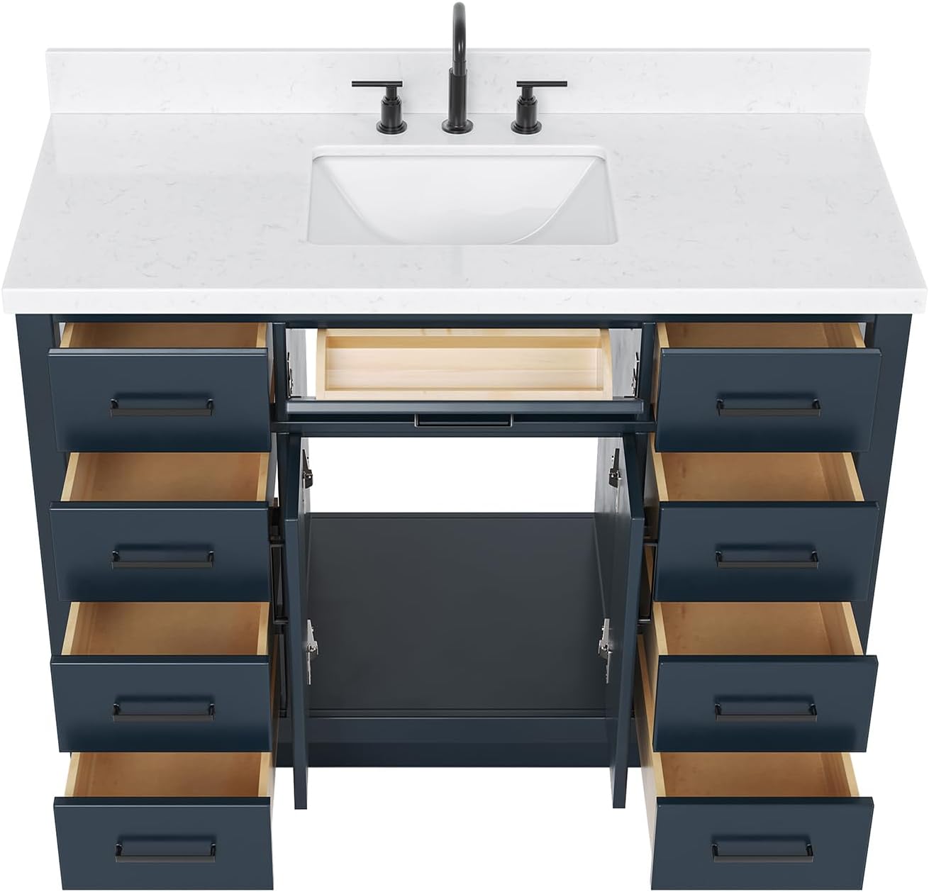 ARIEL Hepburn 48-inch Bathroom Vanity with Sink,Solid Wood, 1.5-inch Carrara White Quartz Countertop, Single Rectangular Porcelain Sink, 2 Soft Closing Doors, 9 Dovetail Drawers, Midnight Blue