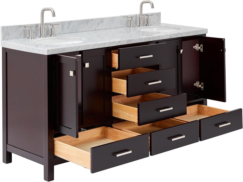 DKB Beckford 66' Espresso Double Bathroom Vanity with 1.5' Edge Italian Carrara Marble Countertop, 2 Oval Undermount Sinks, 4 Soft Closing Doors, 6 Dovetail Drawers