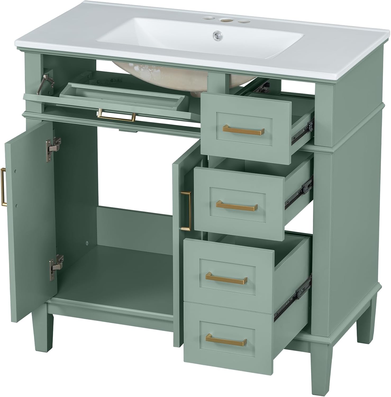 LUMISOL 36' Bathroom Vanity with Sink Combo, Modern Green Bathroom Storage Cabinet with Tip-Out Drawer, 3 Drawers & 2 Soft-Close Doors, Solid Wood Bathroom Vanity with Ceramic Sink, Green