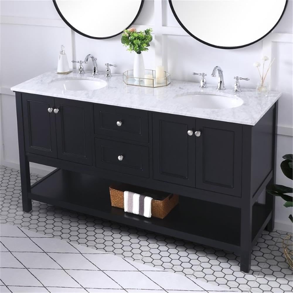 Pemberly Row 60' Double Sink Bathroom Vanity, Solid Poplar Wood, Black Finish, Carrara White Marble Top, 33.75' H x 60' W x 22' D, Two Drawers, Two Cabinets, Soft Close, Contemporary Freestanding