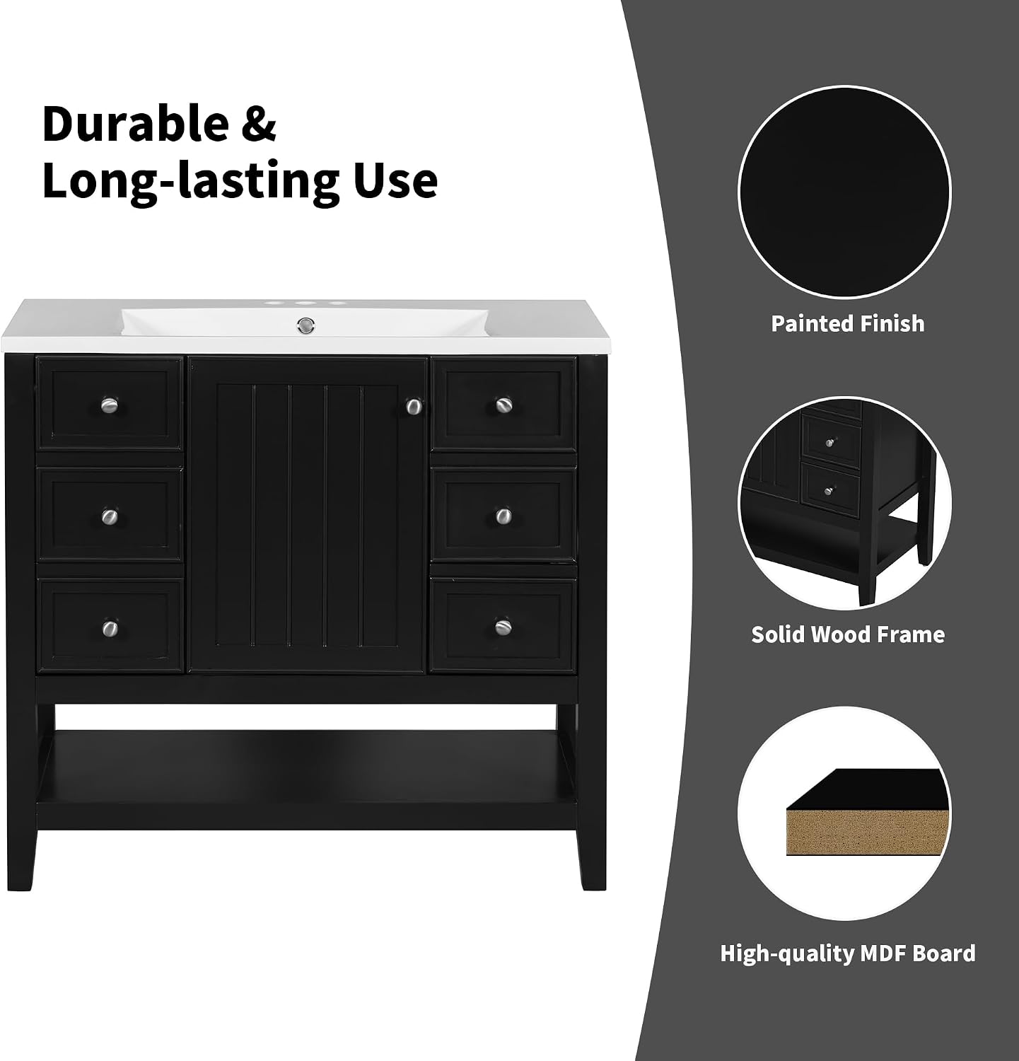 36' Vanity Bathroom Cabinet with Sink Top, Three Multi-Functional Drawers, Open Storage Space, Adjustable Shelf, Black