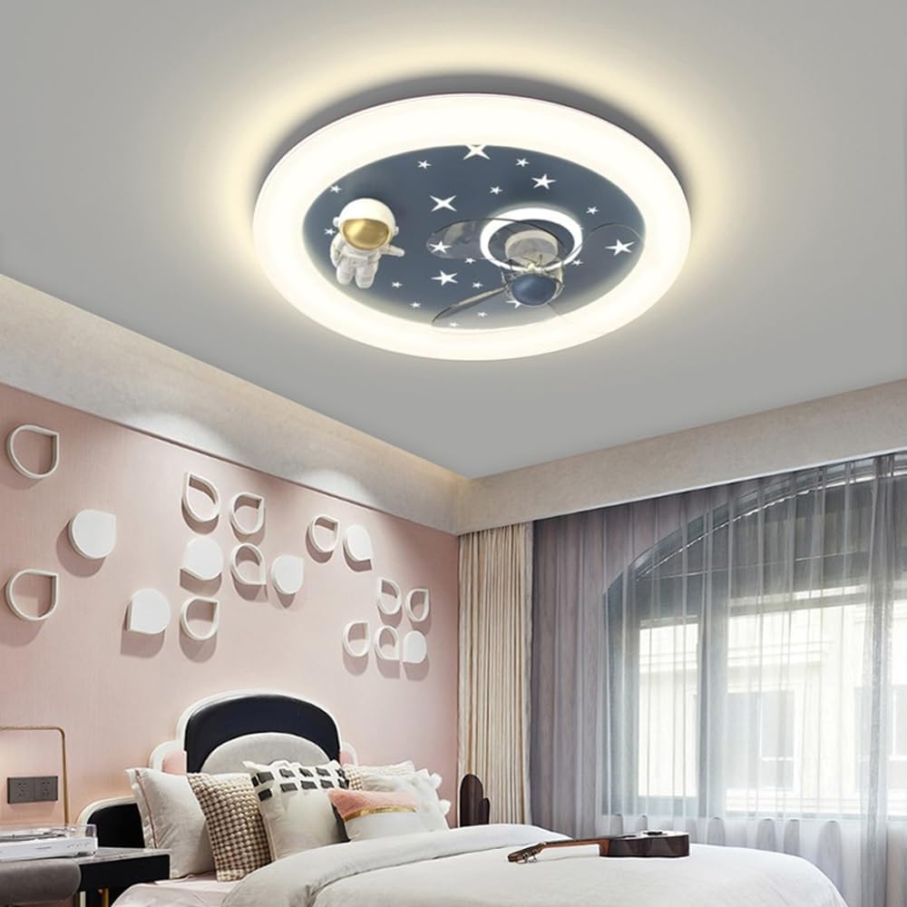 Cartoon Astronaut Kid's Room Ceiling Fans with Lights Children's Room Led Ceiling Lamp Creative Nursery Bedroom Ceiling Fan Lamp Dimmable for Boys Girls Room Ventilator Lamp 46W