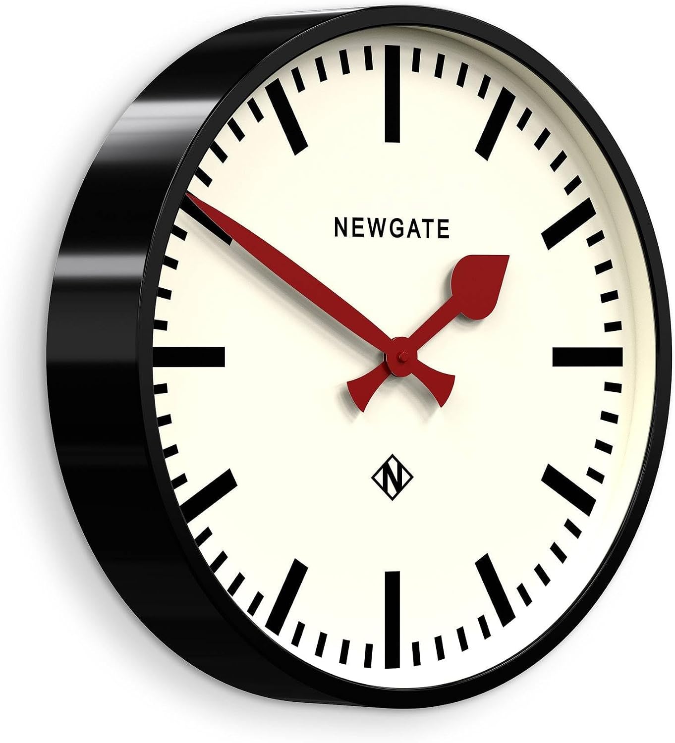 NEWGATE® Putney wall Clock | Large Retro Inspired Modern Station Clock | 18 inch | Deep Gloss Black Metal case with red Hands | Industrial mid-Century Style for Kitchen, Living Room or Office