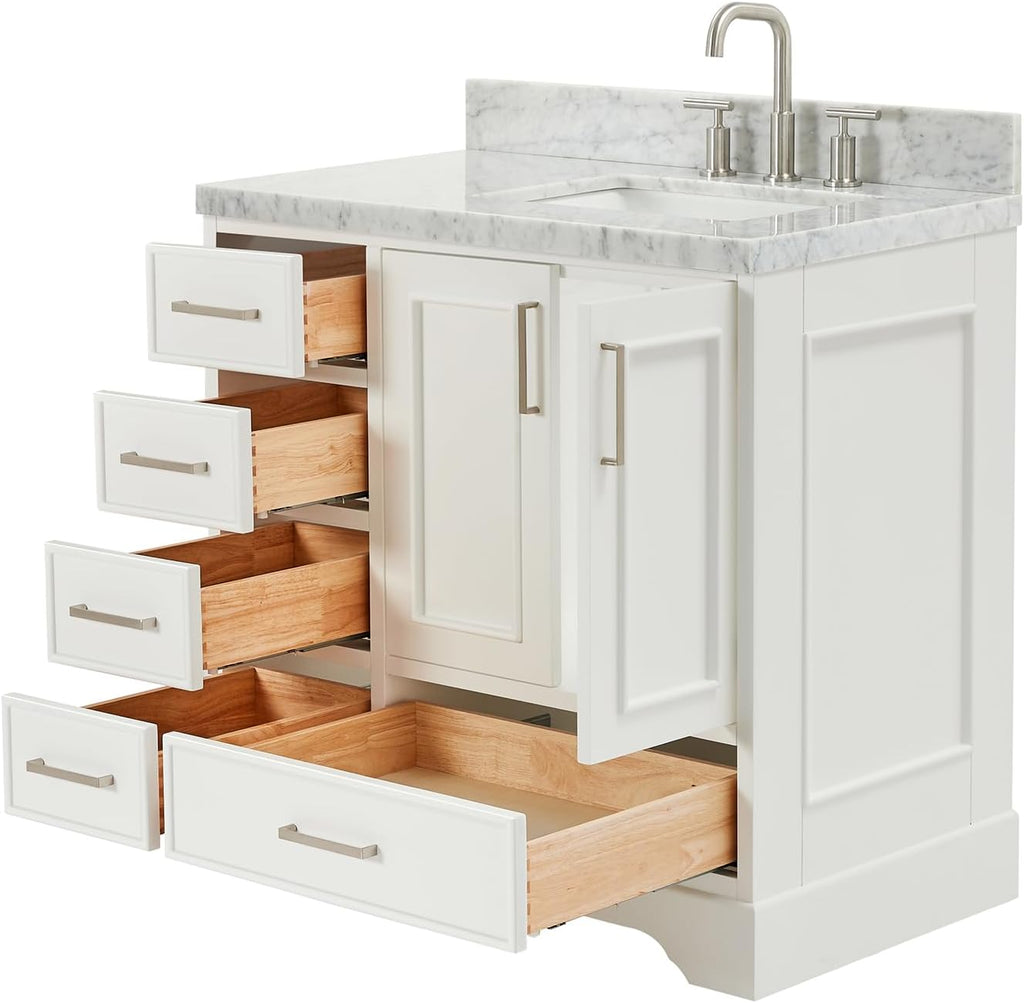 ARIEL Stafford 36-inch Bathroom Vanity with Sink,Solid Wood, 1.5-inch Italian Carrara Marble Countertop, Single Rectangular Porcelain Sink, 2 Soft Closing Doors, 5 Dovetail Drawers, White