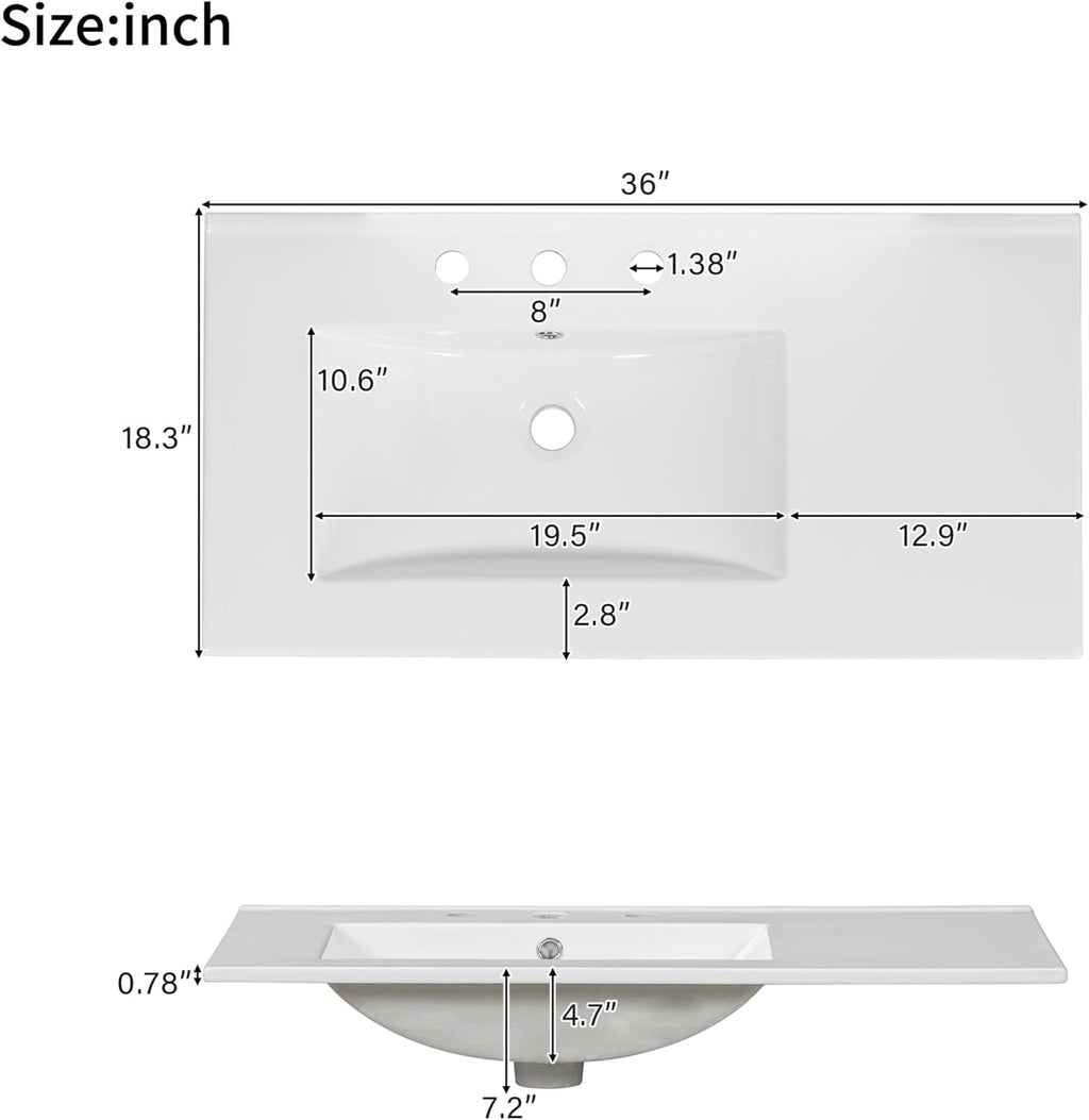 36 Inch Bathroom Vanity with Sink Set Combo Freestanding Cabinet Ceramic Top Freestanding Left Offset Basin 2 Soft Close Doors 3 Drawers White