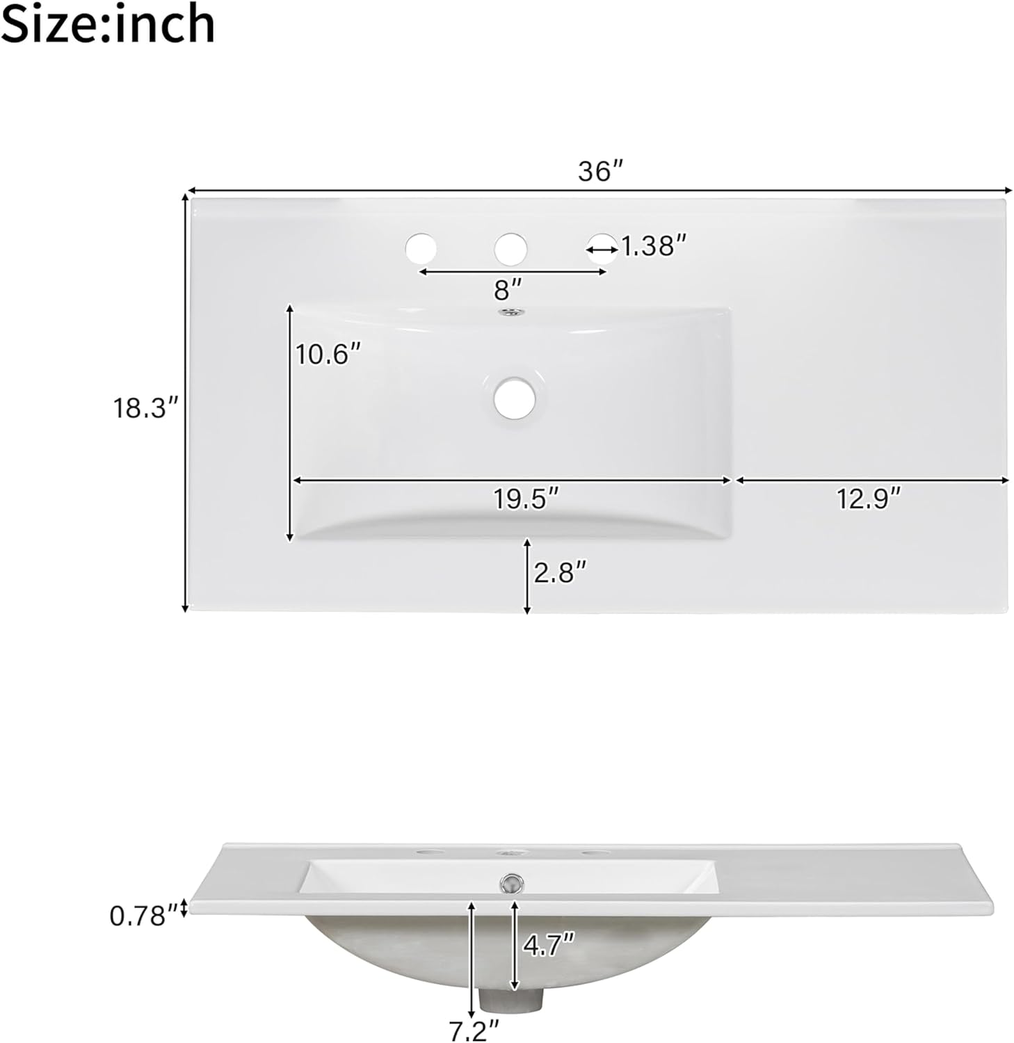 36 Inch Bathroom Vanity with Sink Set Combo Freestanding Cabinet Ceramic Top Freestanding Left Offset Basin 2 Soft Close Doors 3 Drawers White