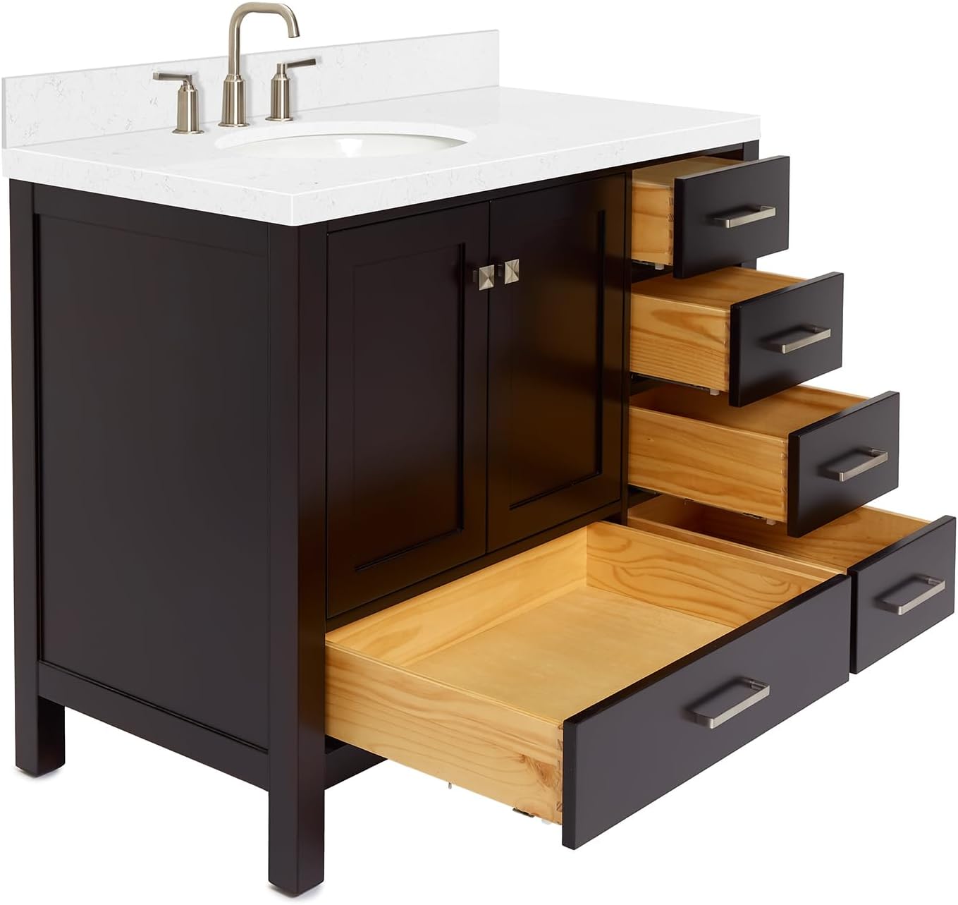 DKB Beckford 42-Inch Espresso Bathroom Vanity, Single Left Oval Undermount Sink, 1.5-Inch Carrara White Quartz Countertop & Backsplash, 2 Soft Closing Doors, 5 Dovetail Drawers, Solid Wood Frame