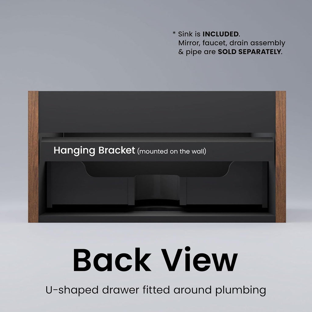 30' Bathroom Vanity with Sink, Modern Floating Vanity with Push Open Soft Close Drawer, Large Storage for Small Space, Walnut, Fully Assembled - Camellia Collection